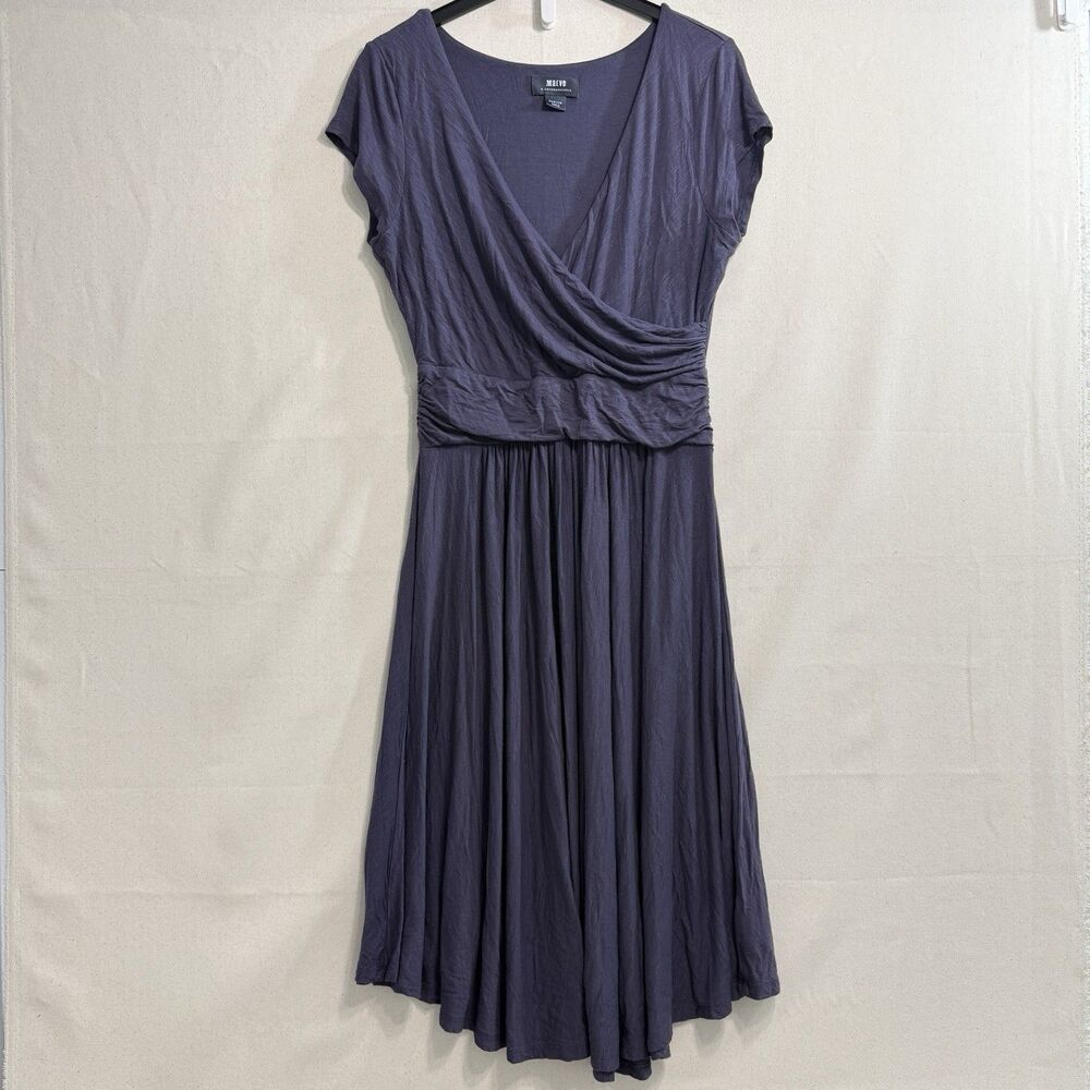 Maeve Anthropologie Purple Midi Dress V-Neck Ruched Waist Rayon Stretch Size M